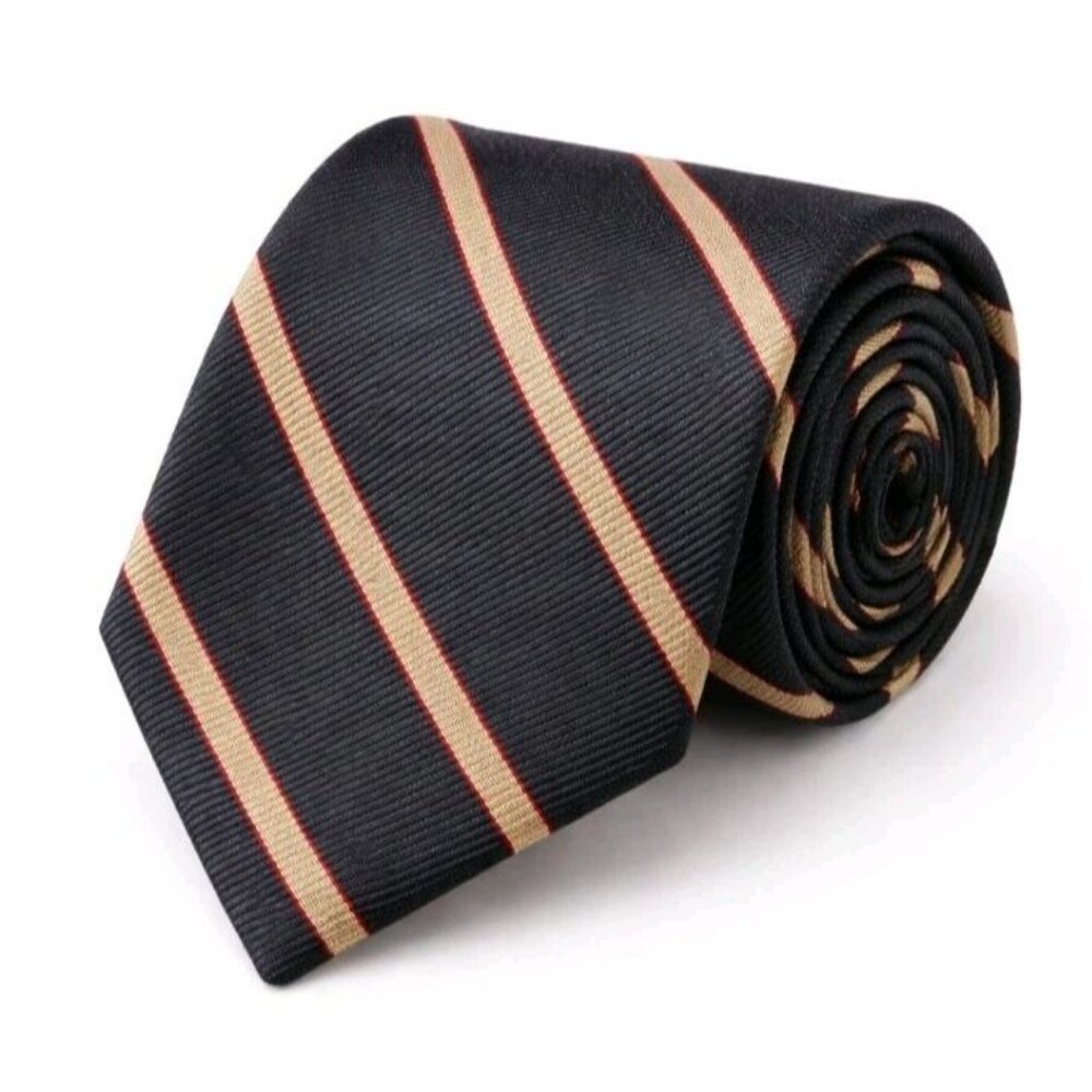 Ed Mitchell Luxury Silk Tie - Black Gold Red Stripe Hand Sewn English Twill